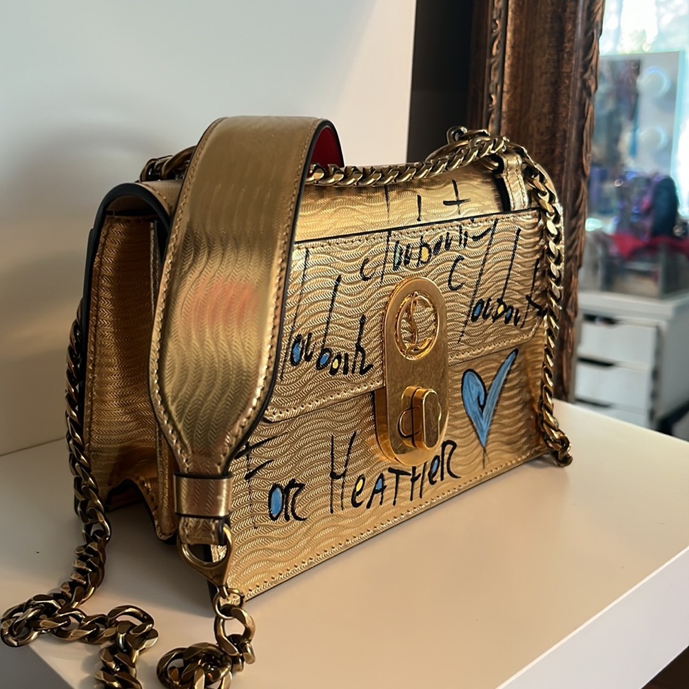 Louboutin Elisa mini calf gourmette gold purse autographed evening bag